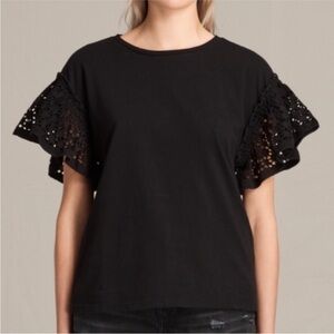 ALL SAINTS Trixi Ruffle Eyelet Lace Short Sleeve Cotton Tee Shirt Size Small